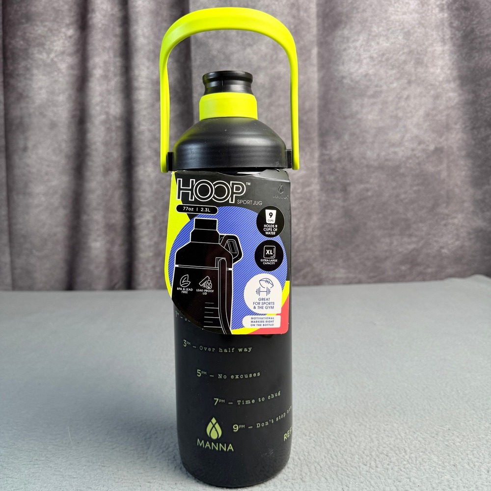 Manna Hoop Sport Jug 77oz 2.3L Black Neon Green Motivational Water Bottle New